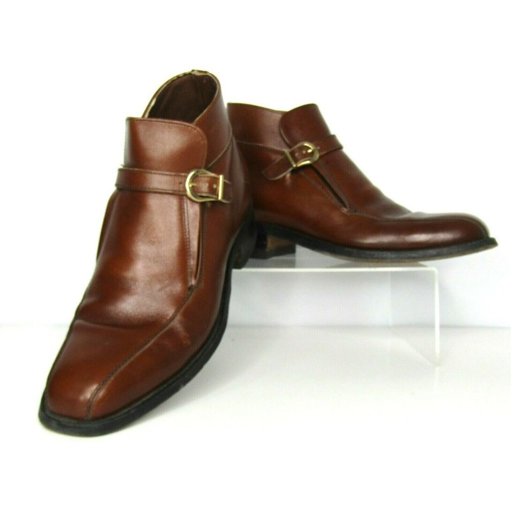 Hanover Vintage Men's Leather Monk Strap Elastic Pull-On Ankle Boots Brown 7.5